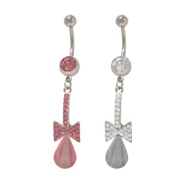 Surgical Steel 14 Gauge Belly Ring with Pink CZ Bow Tie Dangle