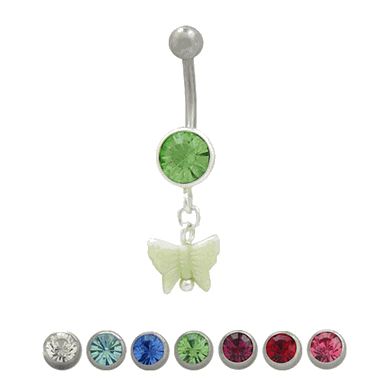 Surgical Steel 14 Gauge Belly Ring with Jeweled Butterfly Dangle