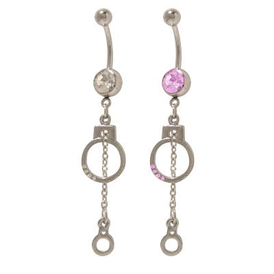 Surgical Steel 14 Gauge Belly Ring with Dangler Hand Cuffs and CZ