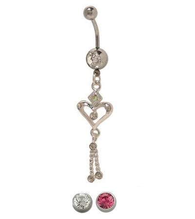 Surgical Steel 14 Gauge Belly Ring with Dangler Heart and CZ