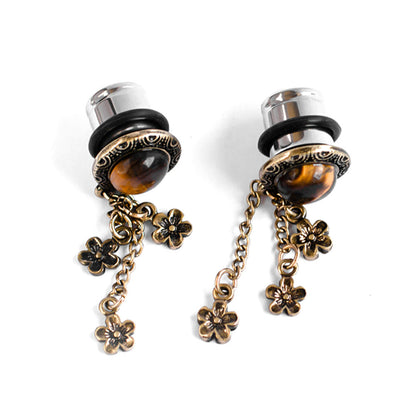 Surgical Steel Ear Gauge Dangles with Tiger's Eye Flower - Pair