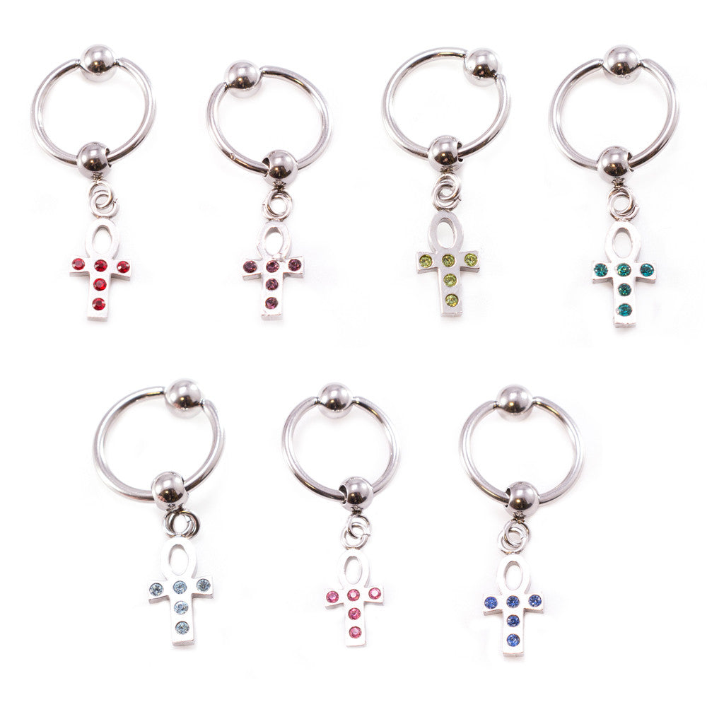 Surgical Steel 16 & 18 Gauge Captive Ring with Dangling Ankh CZ