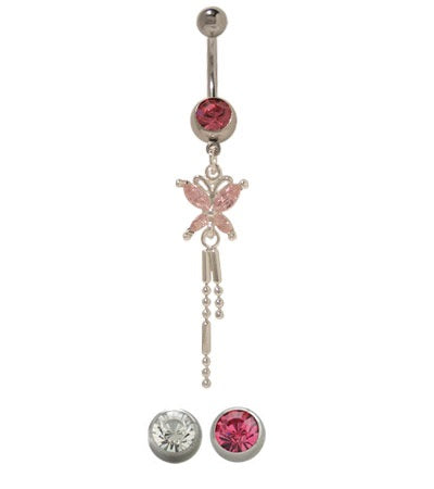 Surgical Steel 14 Gauge Belly Ring with Dangling Butterfly and CZ
