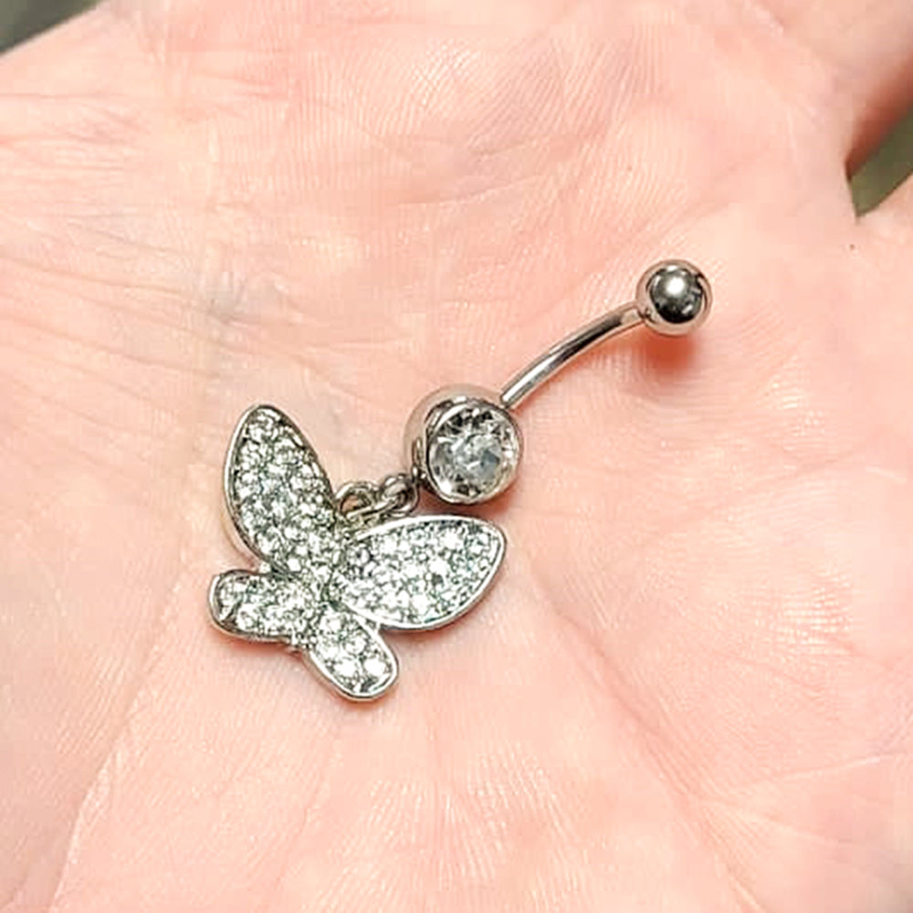 Surgical Steel 14 Gauge Belly Ring with CZ Dangling Butterfly - photo 2