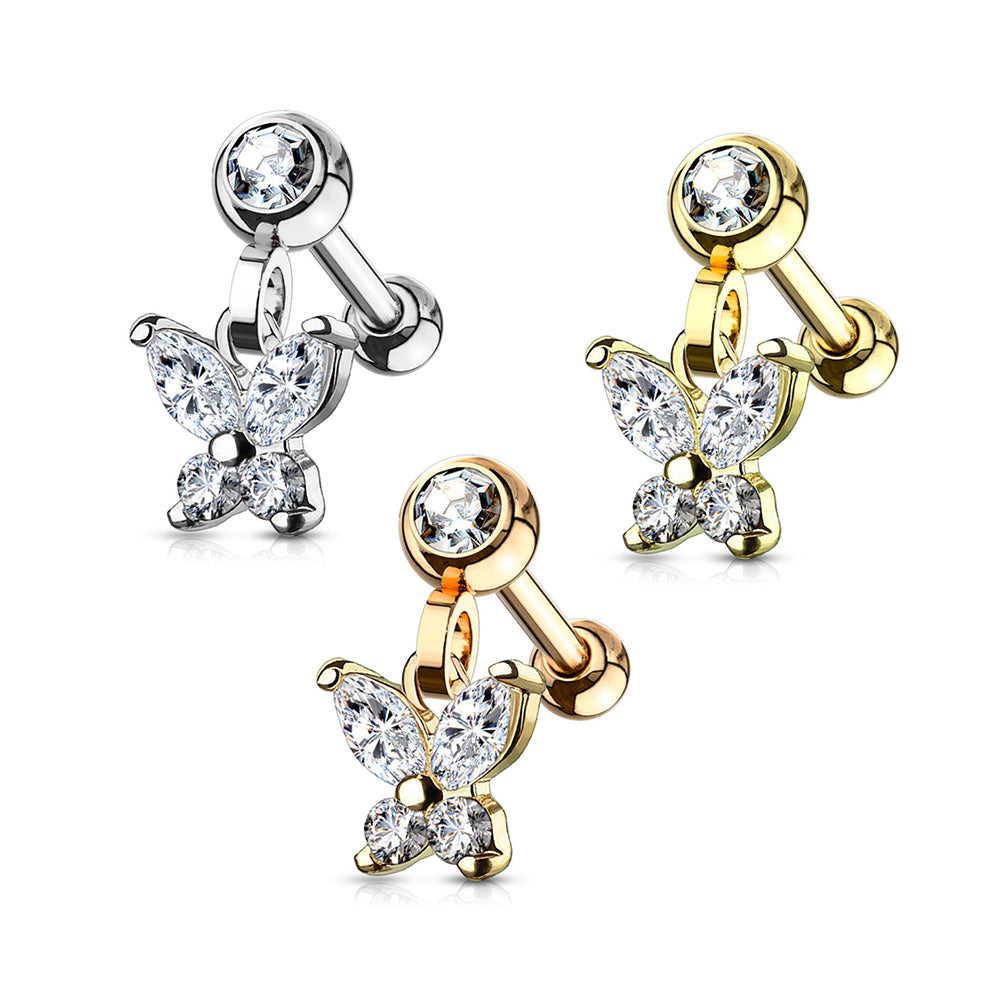 Surgical Steel 16 Gauge Tragus Barbell with CZ Butterfly Dangle