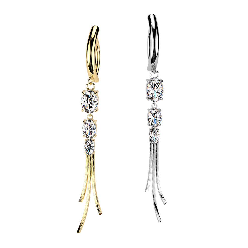 Surgical Steel 14 Gauge Hinged Belly  Ring with Chain Dangling CZ