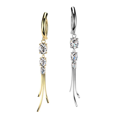 Surgical Steel 14 Gauge Hinged Belly  Ring with Chain Dangling CZ