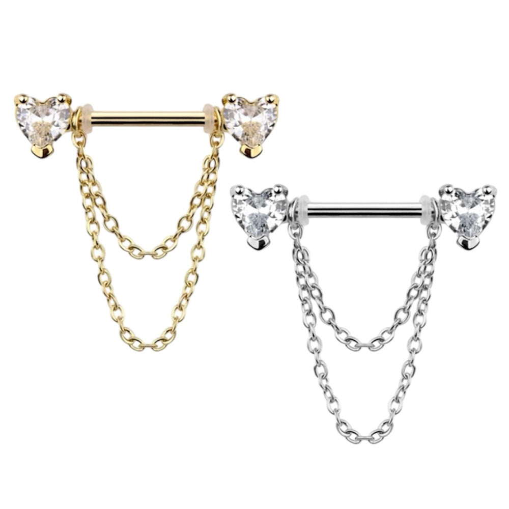 Surgical Steel Nipple Barbell 14G 14mm with CZ Heart Dangle - Pair