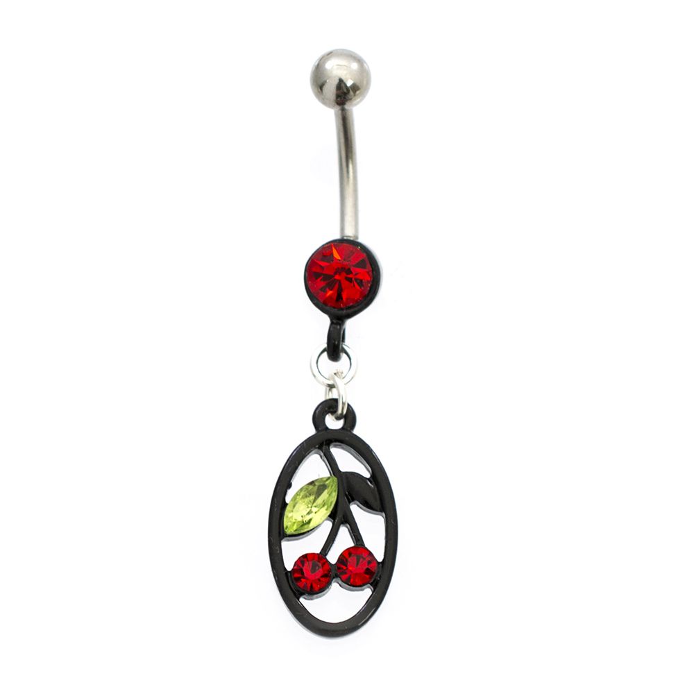 Surgical Steel 14 Gauge Belly Ring with Black IP Circular Cherry CZ