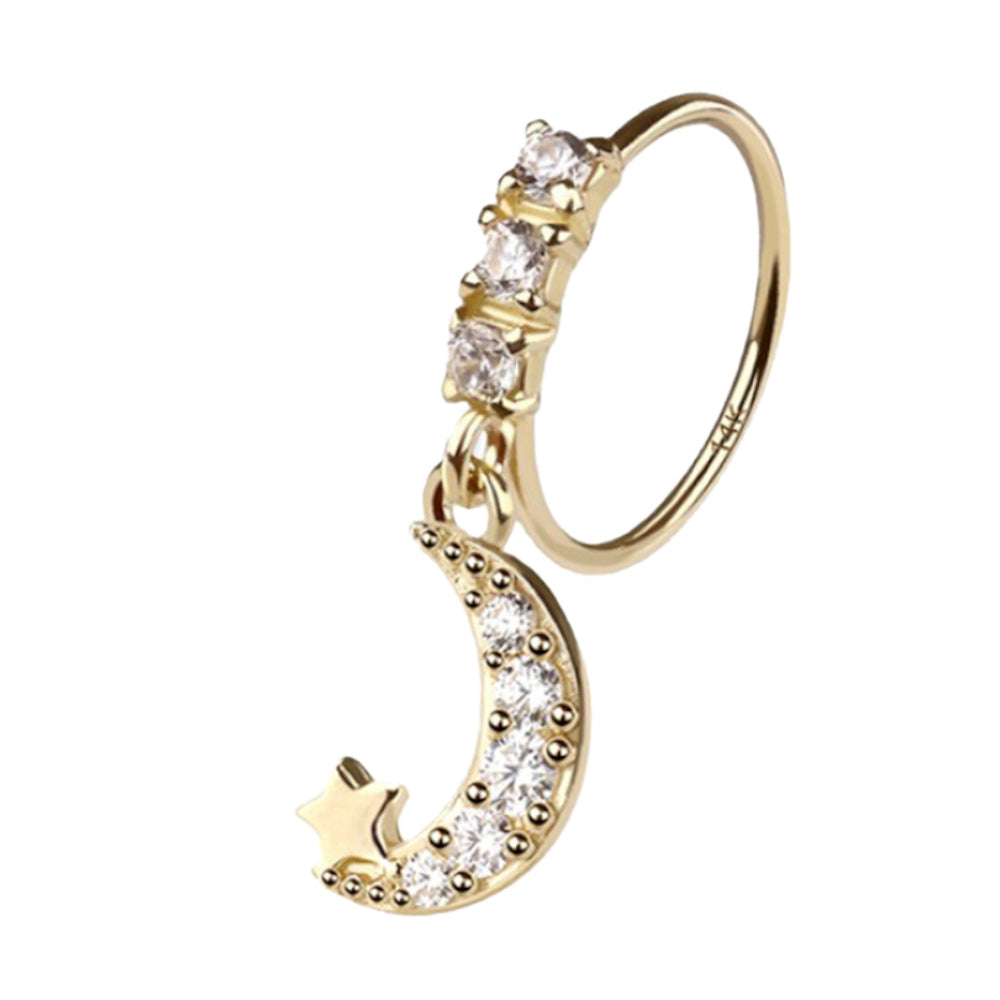 14K Solid Gold Bendable Nose Ring 22G 8mm with Crescent Moon Star CZ