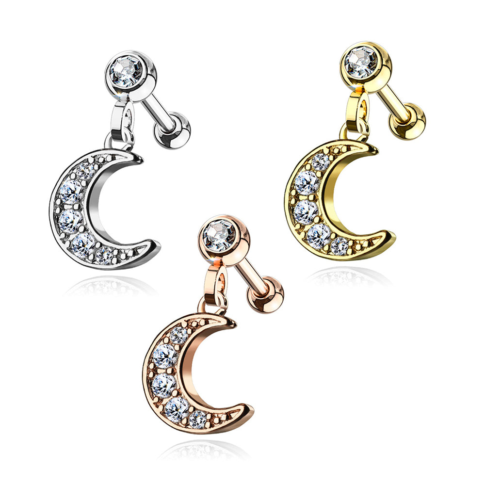 Surgical Steel 16 Gauge Tragus Barbell with CZ Crescent Moon Dangle