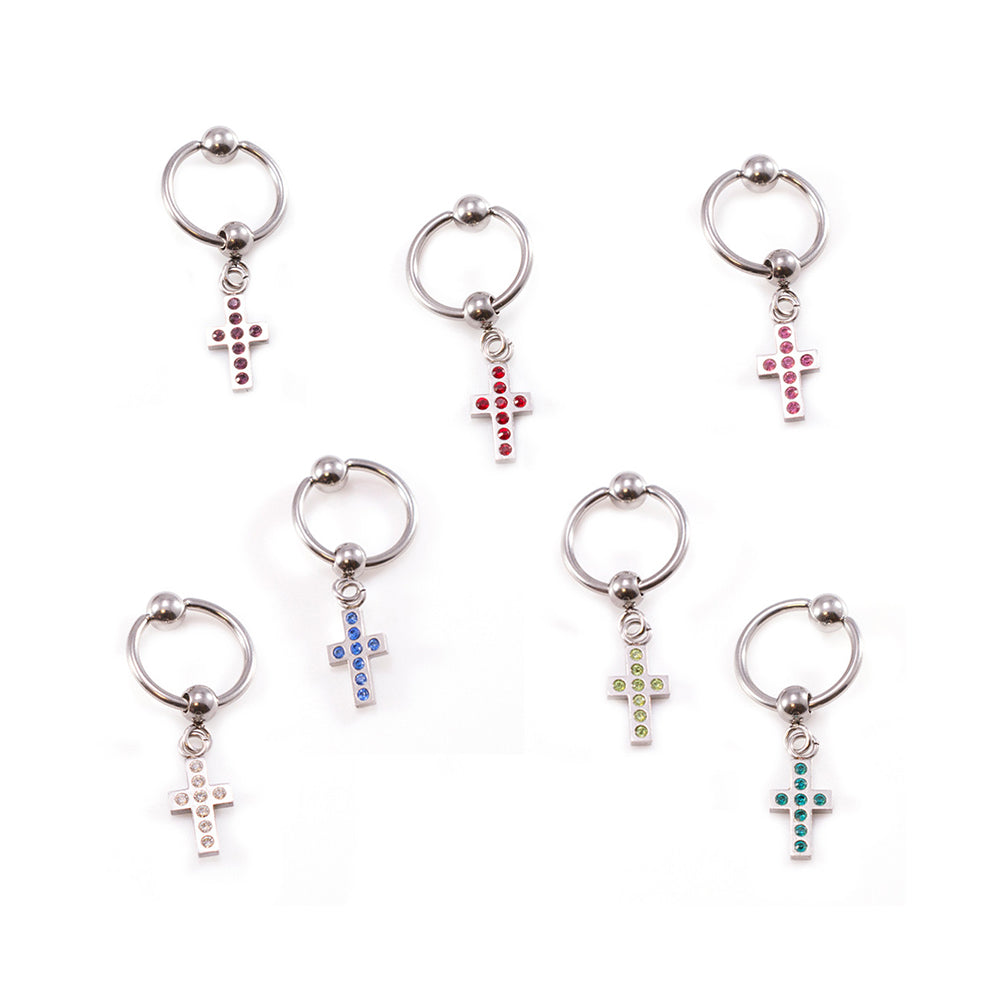 Surgical Steel 16 & 18 Gauge Captive Ring with Dangling Cross CZ