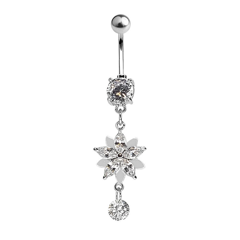 Surgical Steel 14 Gauge Belly Ring with CZ Dangling Flower