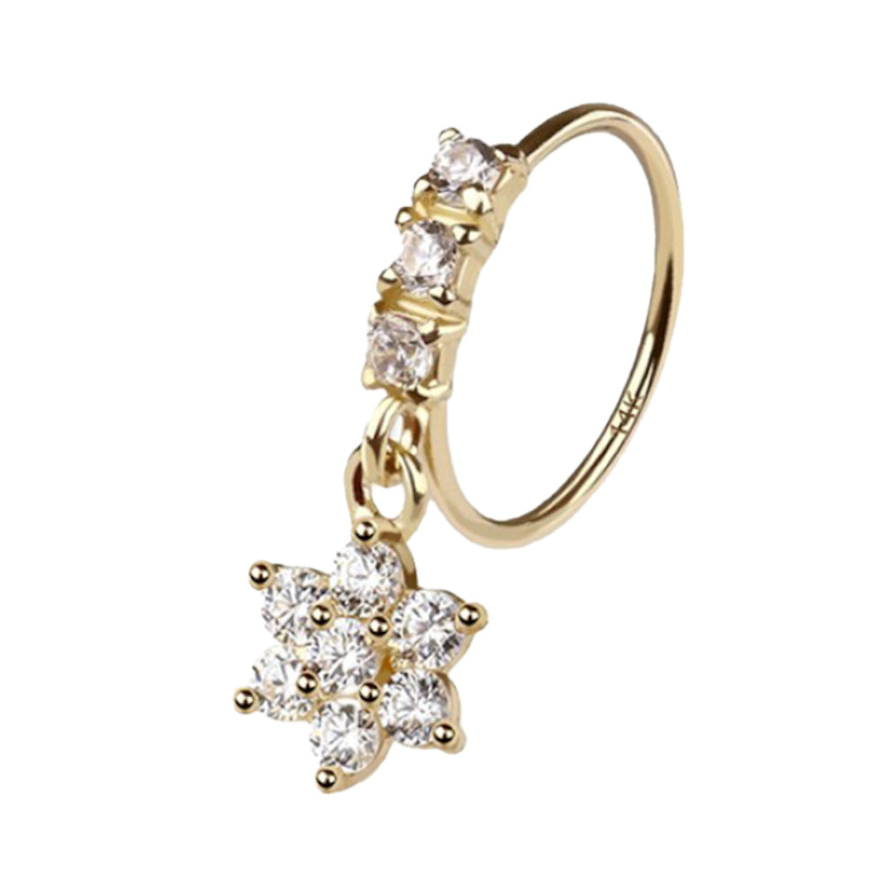 14K Solid Gold Bendable Nose Ring 20G 8mm with Dangling CZ Flower