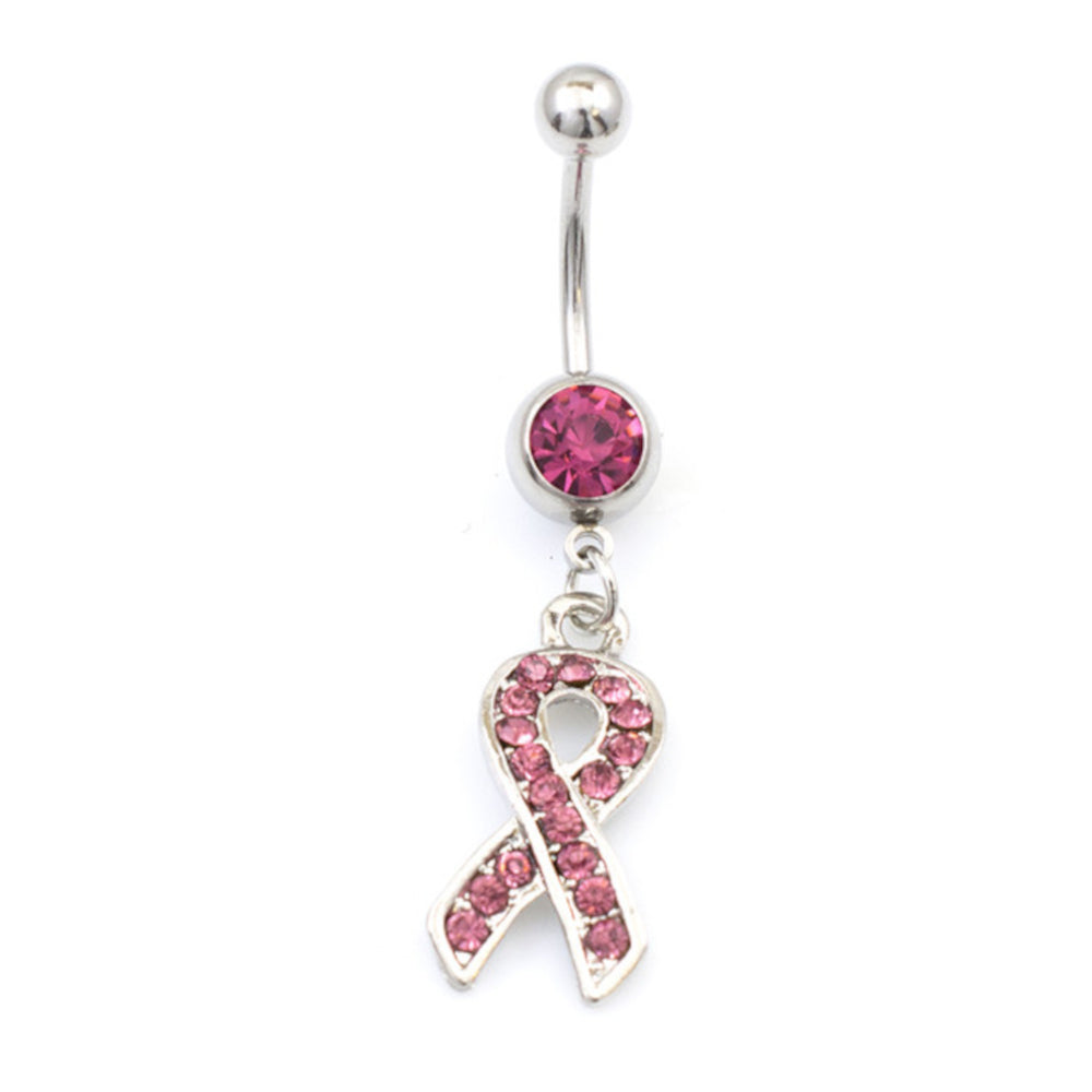 Surgical Steel 14 Gauge Belly Ring with Cancer Awareness CZ Ribbon - photo 5