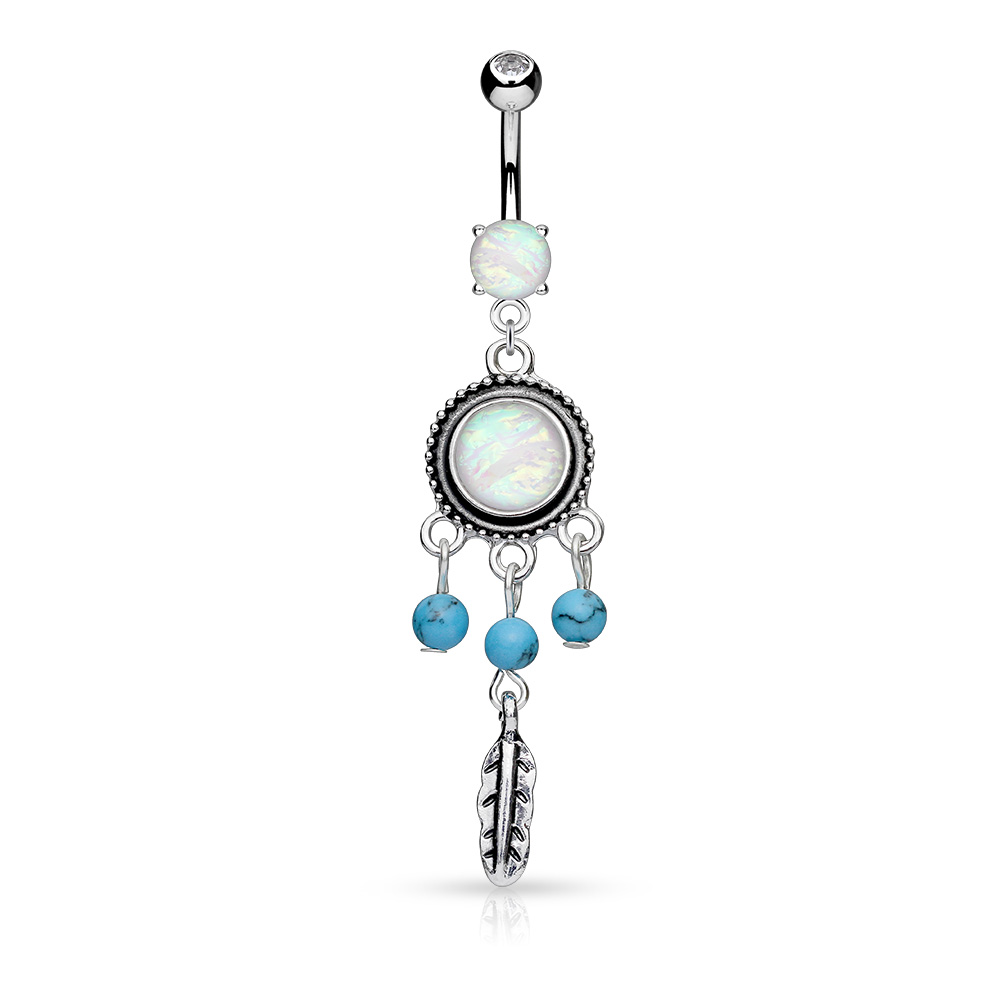 Surgical Steel 14 Gauge Dangle Belly Ring with Dream Catcher Opal