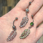 Surgical Steel 14 Gauge Paved CZ Dangling Feather Leaf Belly Ring