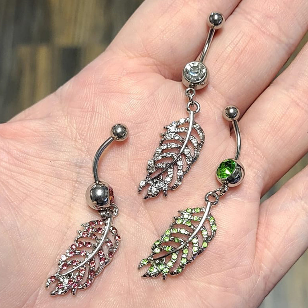 Surgical Steel 14 Gauge Paved CZ Dangling Feather Leaf Belly Ring