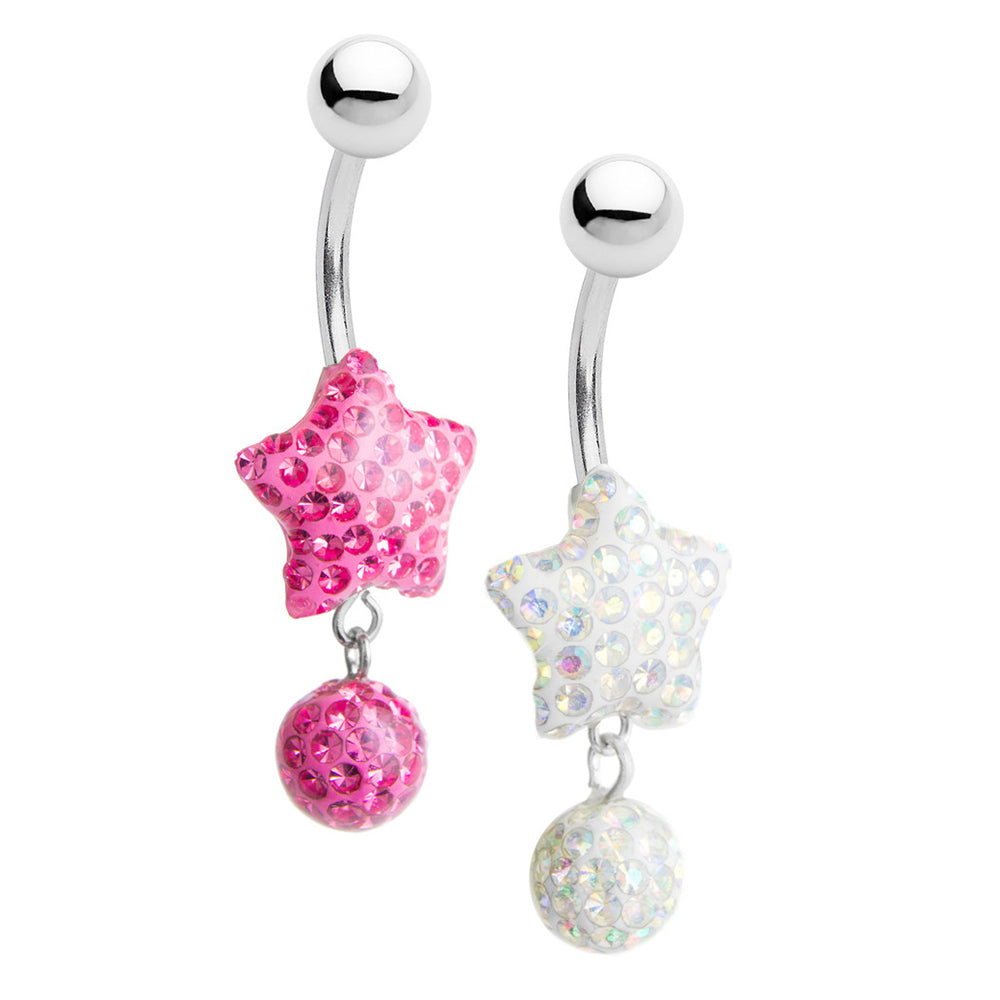 Surgical Steel 14 Gauge Belly Rings with Star and Ball Dangle - Pair