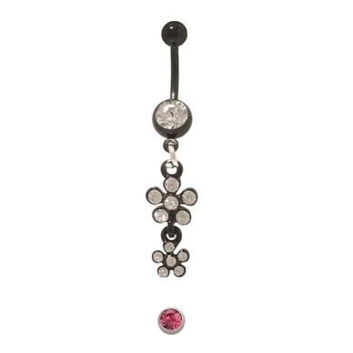 PTFE Flexible 14 Gauge Belly Ring with Dangling Flowers & Jewels