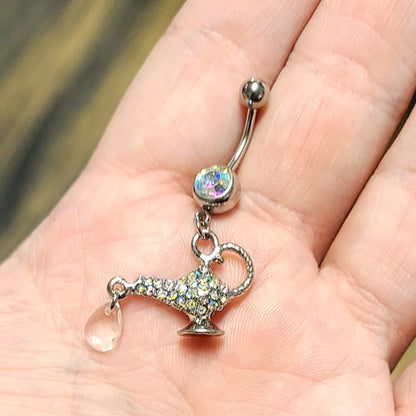 Surgical Steel 14 Gauge Belly Ring with Paved CZ Genie Lamp Dangle - photo 4