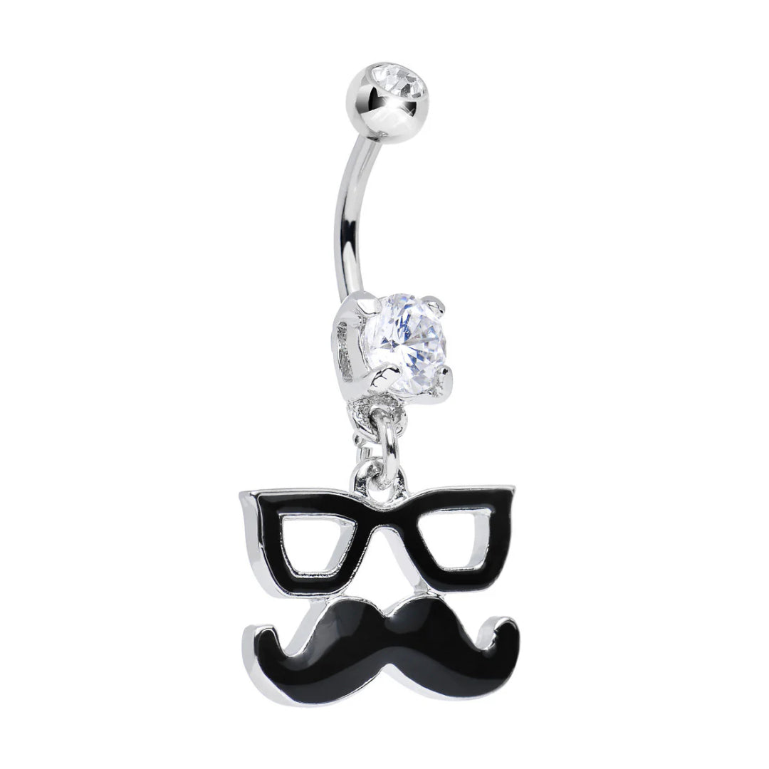 Surgical Steel 14 Gauge Belly Ring with CZ Glasses Mustache Dangle