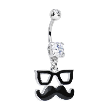 Surgical Steel 14 Gauge Belly Ring with CZ Glasses Mustache Dangle