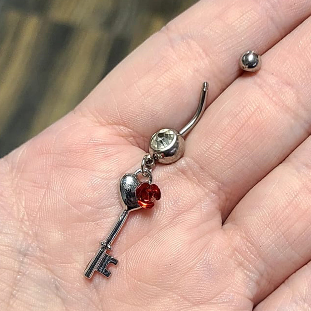 Surgical Steel Dangle Belly Ring 14G 10mm with Heart Key CZ - photo 2