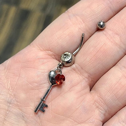 Surgical Steel Dangle Belly Ring 14G 10mm with Heart Key CZ - photo 2