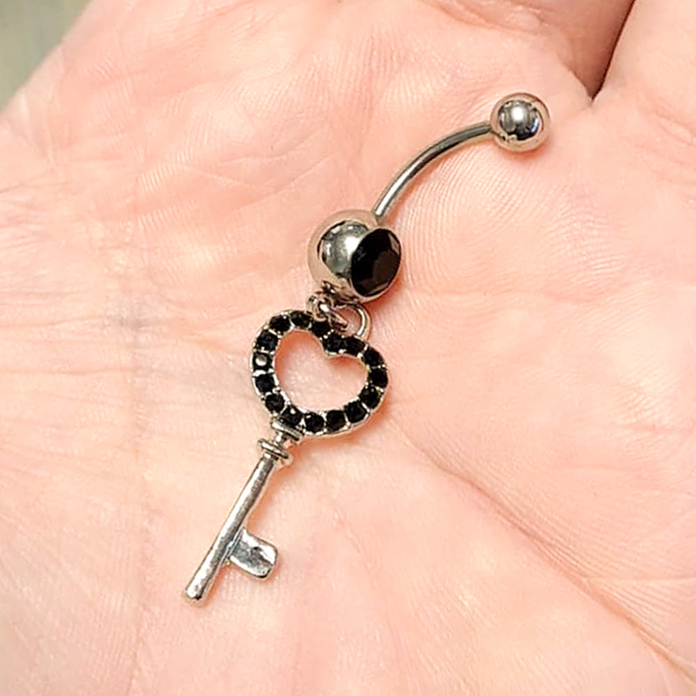 Surgical Steel 14 Gauge Belly Ring with Paved CZ Heart Key Dangle - photo 2