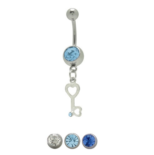 Surgical Steel 14 Gauge Belly Ring with Dangling Jeweled Key Heart