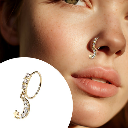14K Solid Gold Bendable Nose Ring 22G 8mm with Crescent Moon Star CZ - photo 3