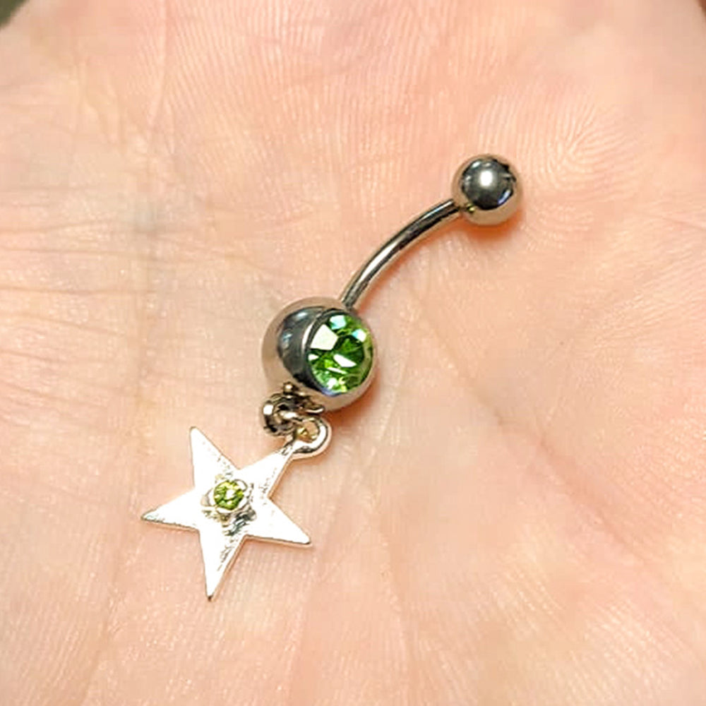 Surgical Steel 14 Gauge Belly Ring with Green CZ Star Dangle - photo 2