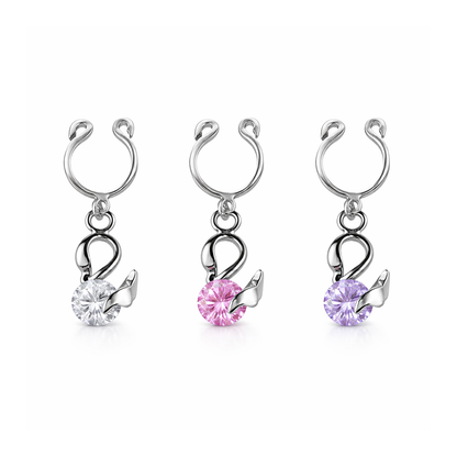 Surgical Steel Non Nipple Barbell CZ Clip On Ring Dangling Swan - Pair
