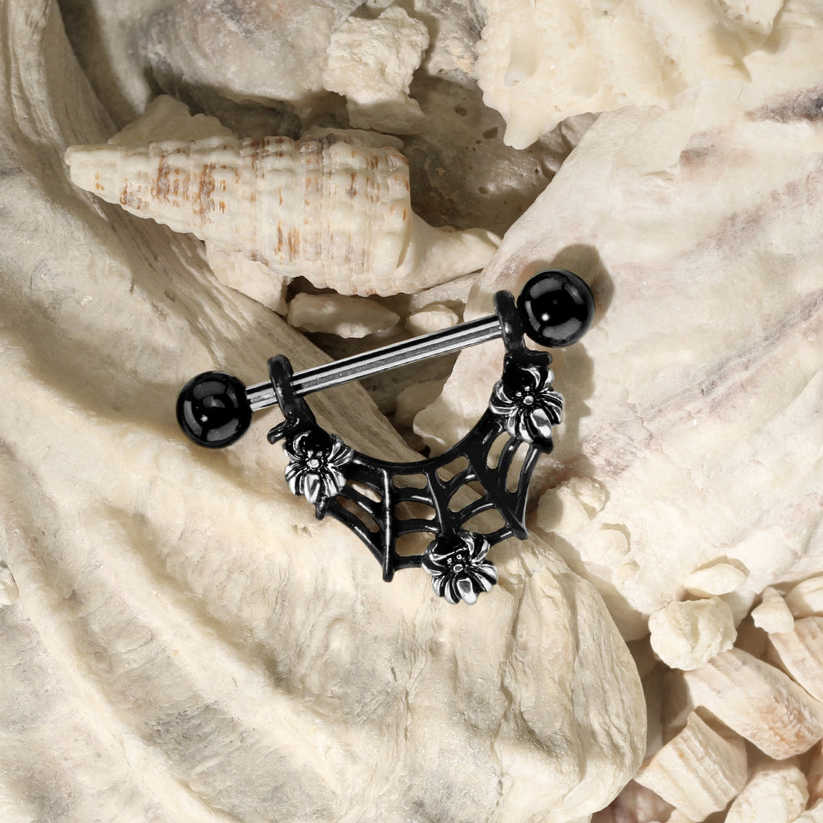 PVD Black Surgical Steel 14G Spiders on Web Dangle Nipple Barbell