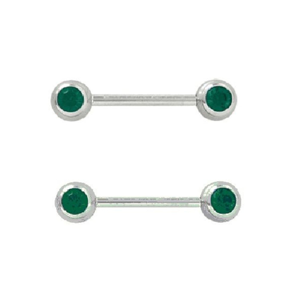 Surgical Steel 14 Gauge Nipple Barbell Dark Green CZ with Bezel - Pair