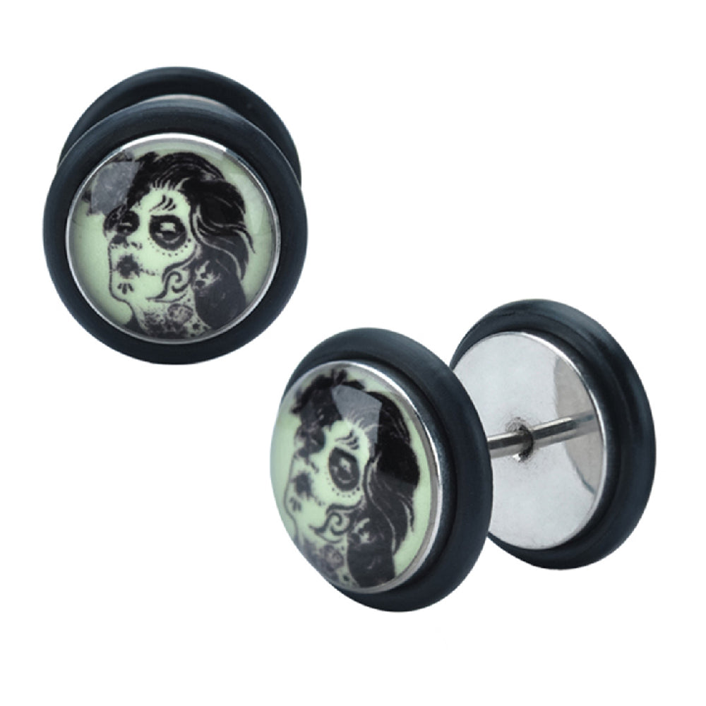 Surgical Steel 18 Gauge Glow in Dark Day of the Dead Fake Plugs - Pair