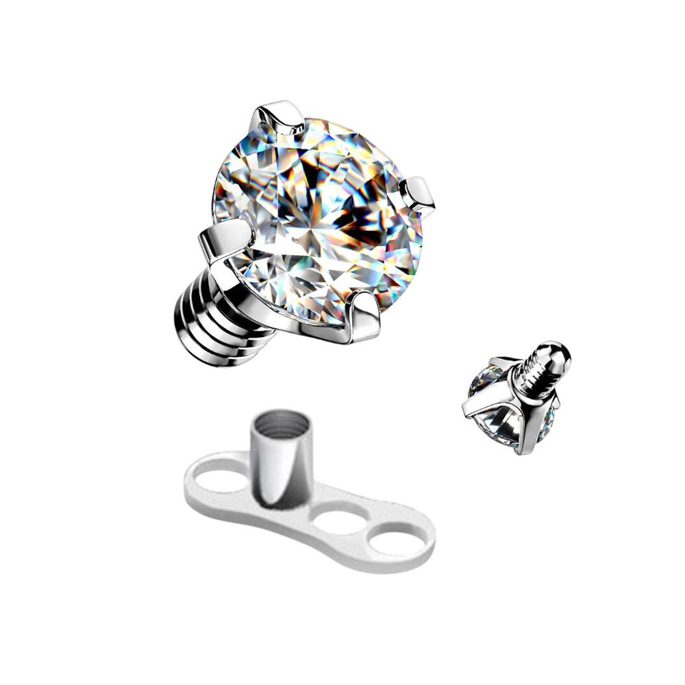 Surgical Steel Dermal Anchor Tops with Prong Set Clear CZ