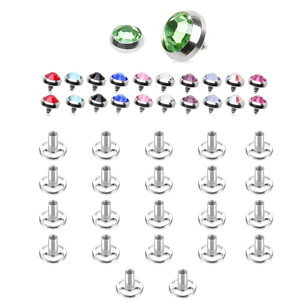 Surgical Steel Dermal Press Fit Gem 22 Tops & 22 Bottoms - 44 Pack