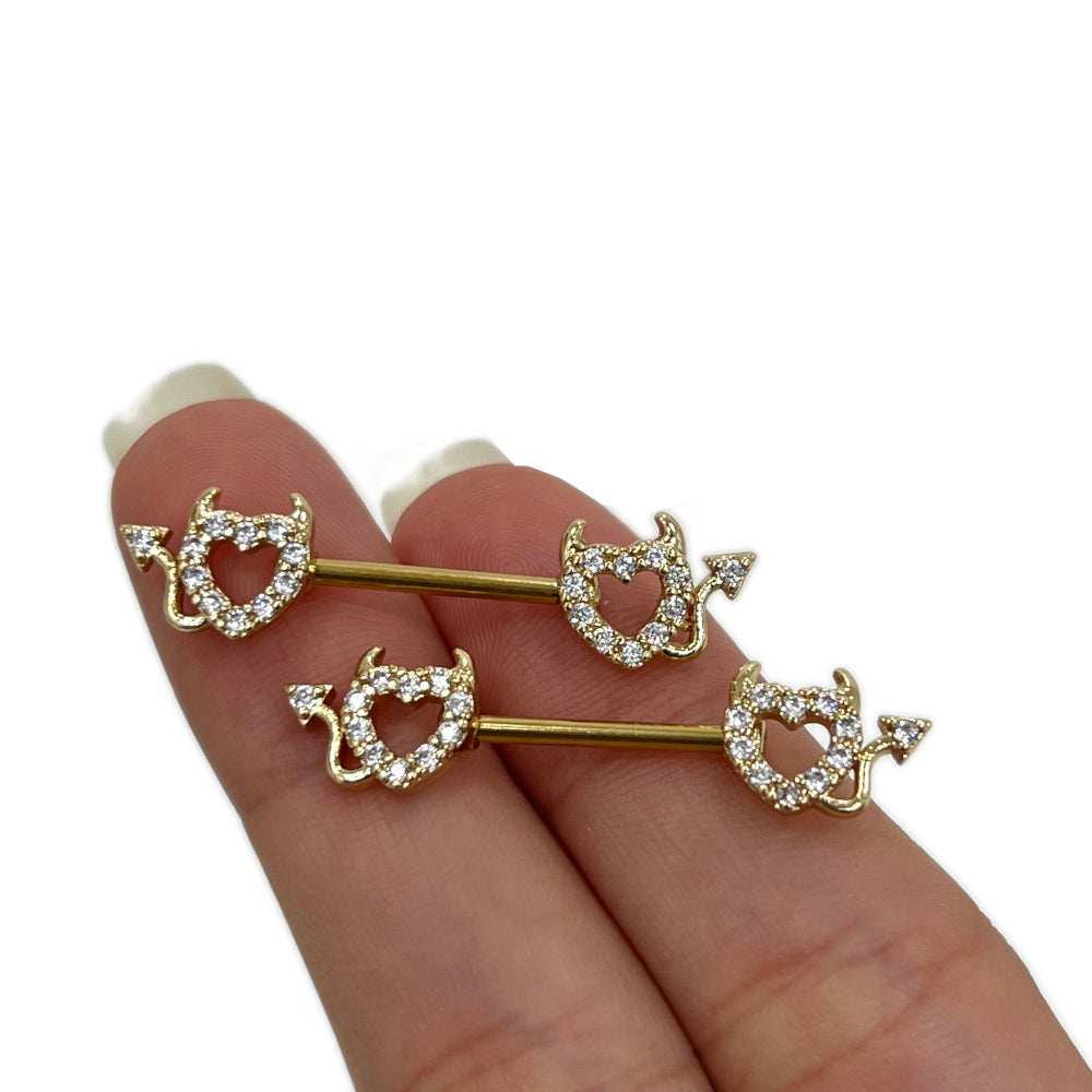 Surgical Steel Nipple Barbell 14G 14mm with CZ Devil Heart - Pair - photo 3