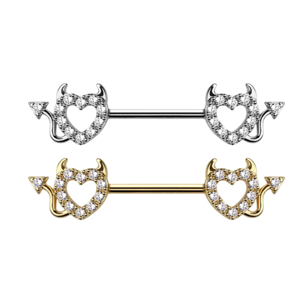 Surgical Steel Nipple Barbell 14G 14mm with CZ Devil Heart - Pair