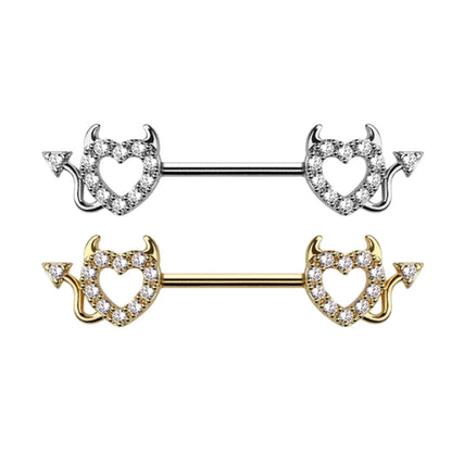Surgical Steel Nipple Barbell 14G 14mm with CZ Devil Heart - Pair