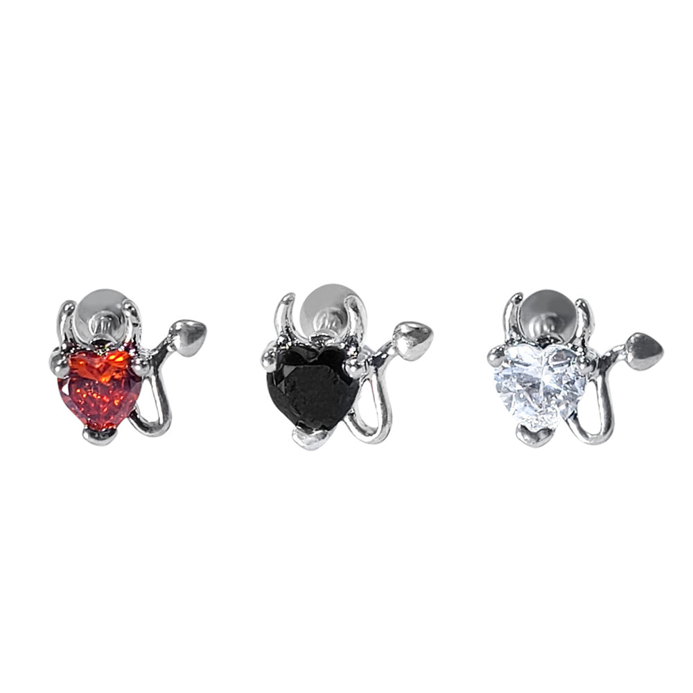Surgical Steel 16 Gauge Devil Horns Heart CZ Barbell Earrings