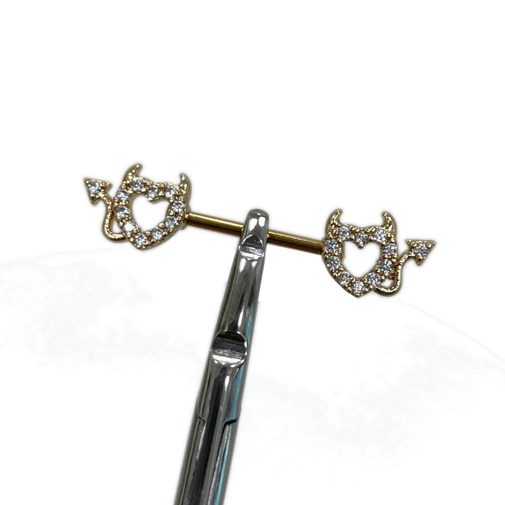 Surgical Steel Nipple Barbell 14G 14mm with CZ Devil Heart - Pair - photo 4