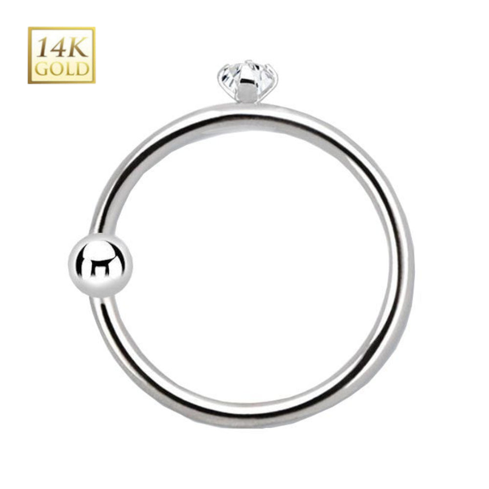 14K Solid White Gold 22 Gauge Captive Bead Ring with 1.5mm Diamond