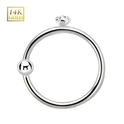 14K Solid White Gold 22 Gauge Captive Bead Ring with 1.5mm Diamond