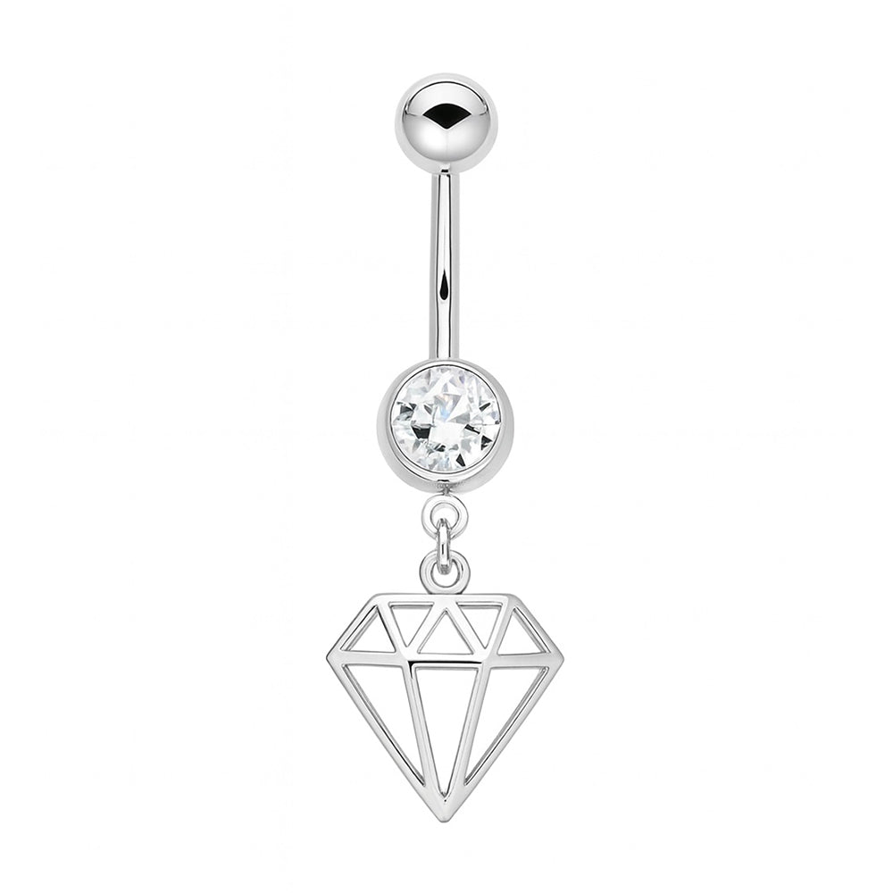 Surgical Steel 14 Gauge Belly Button Ring with Diamond Charm Dangle