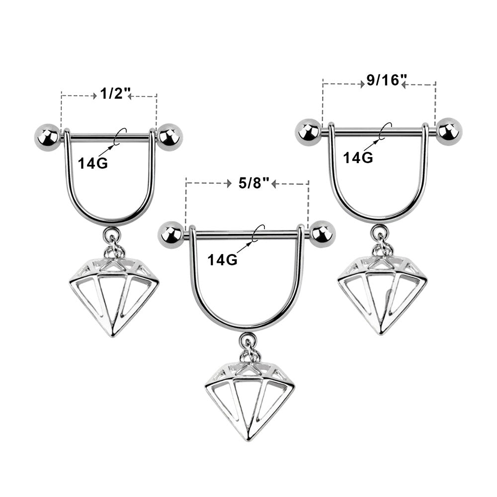 Surgical Steel & Titanium Nipple Stirrup 14G with Diamond Charm - Pair - photo 2