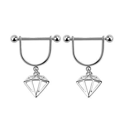 Surgical Steel & Titanium Nipple Stirrup 14G with Diamond Charm - Pair