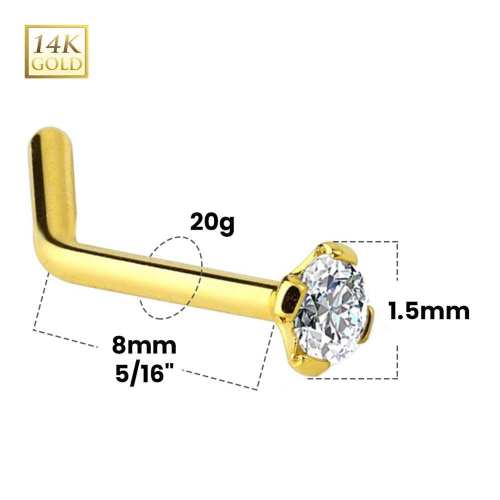 14K Solid Gold 20 Gauge L Shaped Nose Stud with 2mm Diamond - photo 2